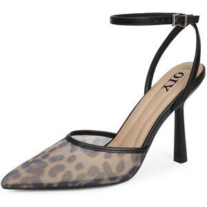 Close Toe Ankle Strap Women Leopad Heel Pointed Toe Stiletto Pumps Wedding Shoes